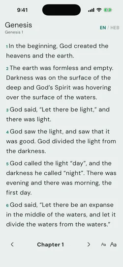 The Branch scripture reader open to Genesis 1, with an English and Hebrew toggle and chapter navigation.