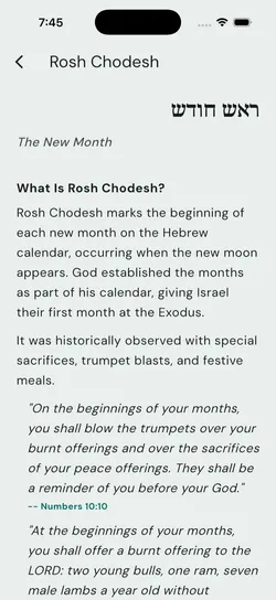 The Branch Rosh Chodesh explainer, headed ראש חודש and The New Month, answering What Is Rosh Chodesh with Numbers 10:10 and Numbers 28:11 quoted beneath it.
